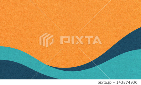 Textured orange paper background with dark teal and light turquoise wavy lines and waves, copy space for banner, presentation 143874930