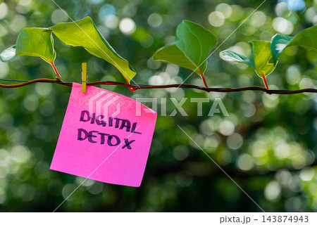 Paper note reading DIGITAL DETOX attached to leafy green plant. Suitable for digital detox, screen-free lifestyle technology 143874943