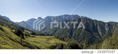 Panoramic landscape view, Wilder Kaiser mountain range, Tyrol, Austria 143875547