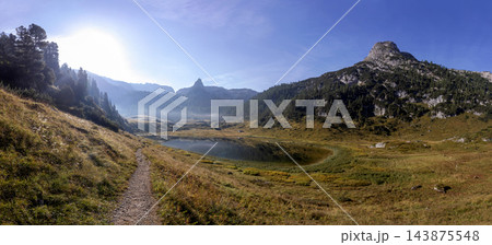 Panoramic landscape view, lake Funtensee at Karlingerhaus, Bavaria, Germany 143875548