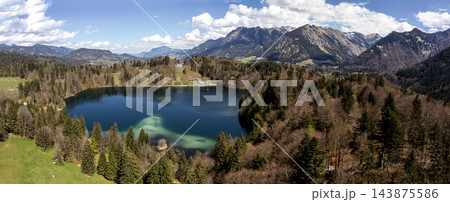 Panoramic view, lake Freibergsee, Bavaria, Germany Panoramic view, lake Freibergsee, Bavaria, Germany 143875586