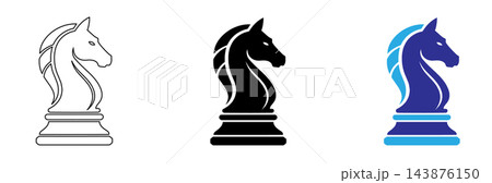 A set of three distinct chess knight icons presented in line art, solid black silhouette, and dual tone blue styles representing strategy, intelligence, and classic board games, A set of three distinct chess knight icons presented in line art, solid black silhouette, and dual tone blue styles representing strategy, intelligence, and classic board games, 143876150