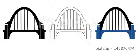 Modern arch bridge icons, set of 3 minimalist bridge silhouettes, architectural steel bridge vector illustrations for urban infrastructure design 143876474