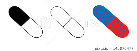 Medical capsule pill vector icons, pharmaceutical drug supplements in black and white line art, red and blue antibiotic medicine tablets for healthcare 143876477