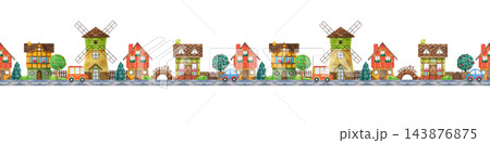 Houses, trees, fences, windmill, car, bridge. Seamless pattern, seamless border. Watercolor illustration on white background. Print for poster, dishes, toy, clothes, game, wall sticker. Interior decor Houses, trees, fences, windmill, car, bridge. Seamless pattern, seamless border. Watercolor illustration on white background. Print for poster, dishes, toy, clothes, game, wall sticker. Interior decor 143876875