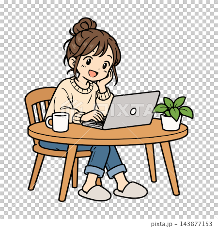 An illustration of a woman working at home using a laptop. An illustration of a woman working at home using a laptop. 143877153