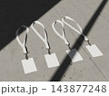 Four blank ID cards with lanyards in a flat lay on concrete with window shadows 3D render 143877248