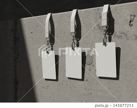 Three blank ID cards on lanyards hanging from a concrete ledge in hard sunlight 3D render Three blank ID cards on lanyards hanging from a concrete ledge in hard sunlight 3D render 143877253