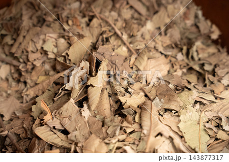 Loose dried laurel leaves sold by weight at an Egyptian herb market. Herbal products culinary seasoning local trade and tourism 143877317