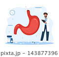 Gastroenterologist concept. Doctor analysis stomach disorder. Internal organ scan. Patient consultation and treatment. Flat vector illustration 143877396