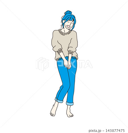 笑顔でポーズをとるカジュアルな服装の若い女性のイラスト 143877475