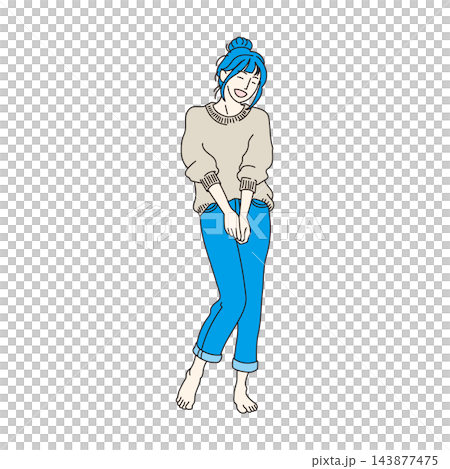 笑顔でポーズをとるカジュアルな服装の若い女性のイラスト 143877475