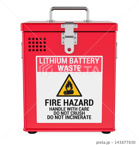 Lithium battery waste container with fire hazard warning label and locking lid. 3D rendering Lithium battery waste container with fire hazard warning label and locking lid. 3D rendering 143877830