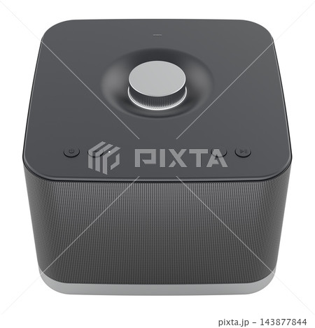 Wireless portable speaker with top control dial and metal grille. 3D rendering Wireless portable speaker with top control dial and metal grille. 3D rendering 143877844