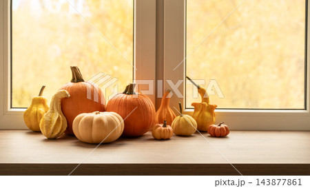 Autumn harvest arrangement with pumpkins and decorative gourds Autumn harvest arrangement with pumpkins and decorative gourds 143877861