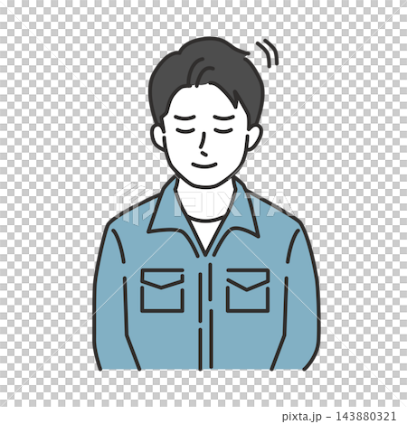 插圖描繪了一位身穿藍色工作服的男士,他閉著眼睛,面帶微笑,並禮貌地鞠躬。 插圖描繪了一位身穿藍色工作服的男士,他閉著眼睛,面帶微笑,並禮貌地鞠躬。 143880321