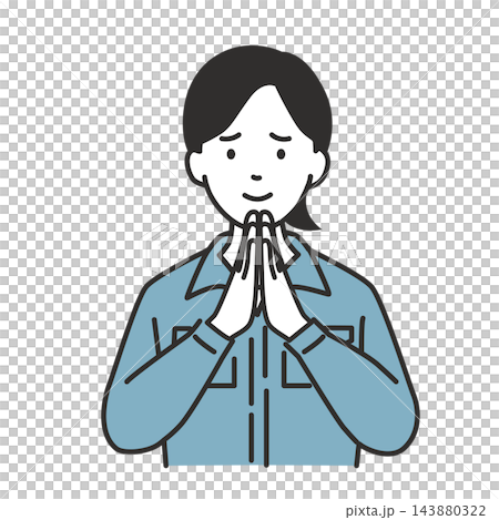 一幅插圖,描繪了一位身穿藍色工作服的女士,雙手交疊放在胸前,面帶微笑,提出請求。 一幅插圖,描繪了一位身穿藍色工作服的女士,雙手交疊放在胸前,面帶微笑,提出請求。 143880322