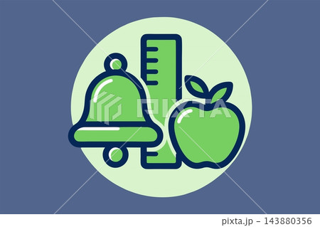 School Equipment Icon with Bell, Ruler, and Apple in Green Circle Badge 143880356