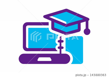 Online Education Icon with Laptop, Graduation Cap, Notebook, and Mobile Device 143880363