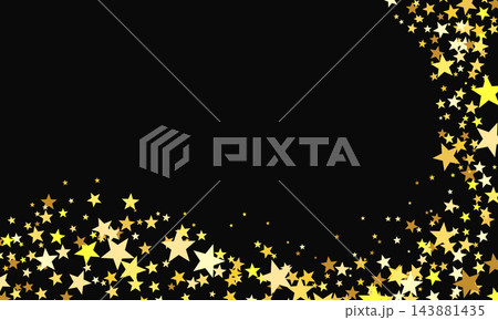 Decorative background of gold star confetti. Glitter made of stars on black background Decorative background of gold star confetti. Glitter made of stars on black background 143881435