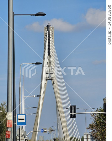 Warsaw, Poland - October 7, 2026: Cable Stayed Bridge Pylon and Streetlights in Warsaw 143881860