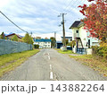 赤く色づいた木と住宅が並ぶ秋の生活道路 143882264
