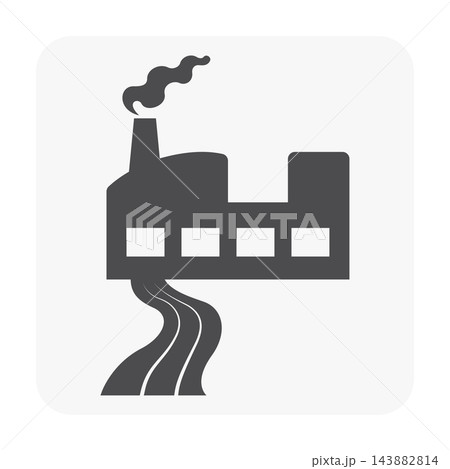 Black silhouette factory discharging wastewater icon with smokestack and flowing effluent Black silhouette factory discharging wastewater icon with smokestack and flowing effluent 143882814
