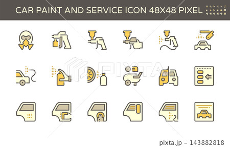 Yellow car painting and repair service icon set with spray guns body panels and coating tools Yellow car painting and repair service icon set with spray guns body panels and coating tools 143882818