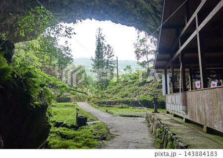 神瀬の石灰洞窟の内側から見る参道と杉木立 熊野座神社 熊本県球磨村 143884183