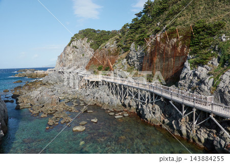 神津島 赤崎遊歩道 岩場を縫う木道と澄んだ入り江 東京都神津島村 神津島 赤崎遊歩道 岩場を縫う木道と澄んだ入り江 東京都神津島村 143884255