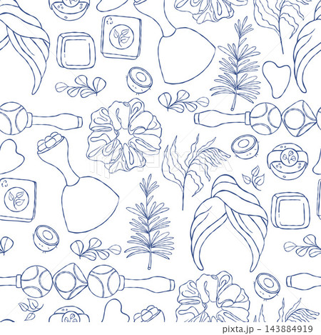 Eco Spa Bathroom Seamless Pattern. Wooden Mushroom Massager, Gua Sha, Hair Turban, Scrunchie and Natural Soap and Solid Shampoo on White Background. Outline Botanical Skincare. Vector Illustration Eco Spa Bathroom Seamless Pattern. Wooden Mushroom Massager, Gua Sha, Hair Turban, Scrunchie and Natural Soap and Solid Shampoo on White Background. Outline Botanical Skincare. Vector Illustration 143884919