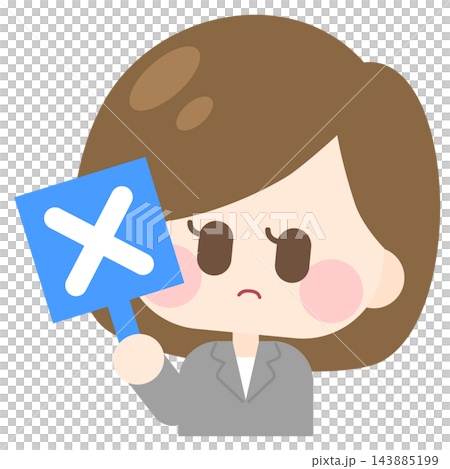 A woman with bobbed hair wearing a suit (holding an "X" sign) 143885199