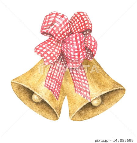 Christmas watercolor illustration of golden bells decorated with a red gingham bow. Ideal for Christmas cards, holiday greetings and festive seasonal illustrations with traditional winter details. Christmas watercolor illustration of golden bells decorated with a red gingham bow. Ideal for Christmas cards, holiday greetings and festive seasonal illustrations with traditional winter details. 143885699