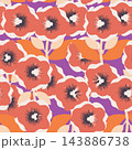Seamless botanical pattern with stylized coral flowers, cream leaves, black centers, and vivid purple and orange shapes. Decorative flat illustration for fabric, wallpaper, wrapping, and surface print 143886738