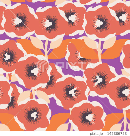 Seamless botanical pattern with stylized coral flowers, cream leaves, black centers, and vivid purple and orange shapes. Decorative flat illustration for fabric, wallpaper, wrapping, and surface print 143886738