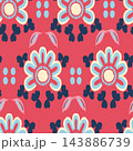 Seamless floral repeat with large stylized blossoms, navy butterfly shapes, and soft pastel accents on vivid coral background, creating playful decorative surface design for fabric, wallpaper, gift 143886739
