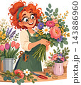 Happy florist creating beautiful flower bouquet with fresh blossoms 143886960