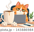 Tired cat working on laptop with coffee at desk 143886984