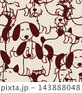 Seamless repeating pattern of playful dog faces and full puppy outlines in burgundy line art on warm beige background, suitable for pet themed wrapping paper, textiles, wallpaper and nursery decor. 143888048