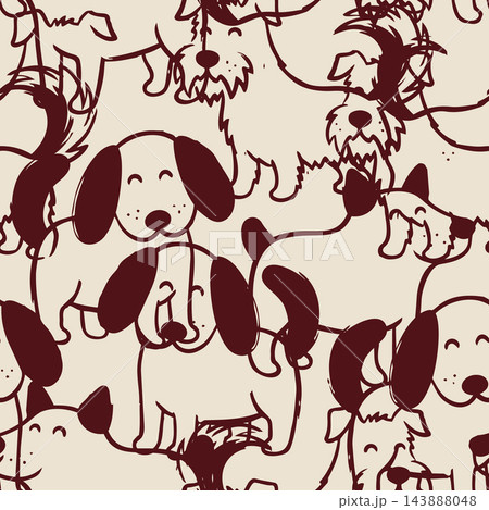 Seamless repeating pattern of playful dog faces and full puppy outlines in burgundy line art on warm beige background, suitable for pet themed wrapping paper, textiles, wallpaper and nursery decor. Seamless repeating pattern of playful dog faces and full puppy outlines in burgundy line art on warm beige background, suitable for pet themed wrapping paper, textiles, wallpaper and nursery decor. 143888048