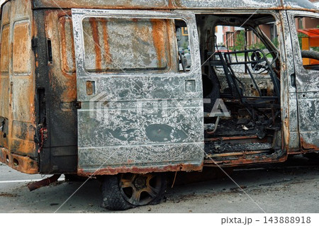 Burned Out Delivery Van Destroyed by Severe Fire Accident 143888918