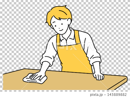 An illustration of a househusband wiping and cleaning a table. An illustration of a househusband wiping and cleaning a table. 143889882
