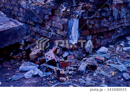 Corner of an old,ruined house with brick rubble, in darkness of night Corner of an old,ruined house with brick rubble, in darkness of night 143890035
