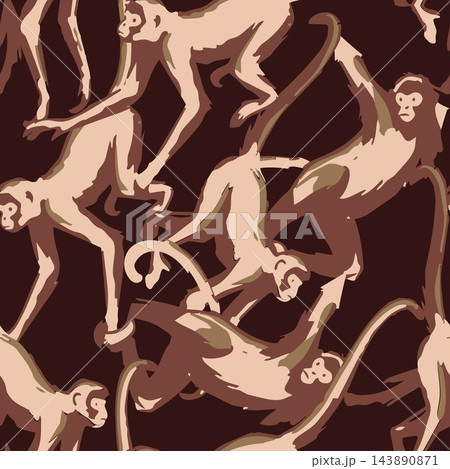 Repeatable allover layout of stylized monkeys in beige and brown tones, featuring curved limbs and jungle-inspired accents on dark backdrop for wrapping paper, prints, and textile use. 143890871