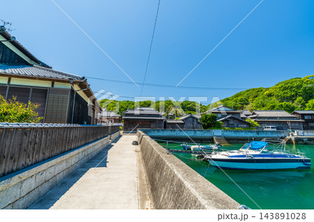 【重要伝統的建造物群保存地区】笠島　初夏の笠島港と街並みの風景　香川県丸亀市本島 143891028