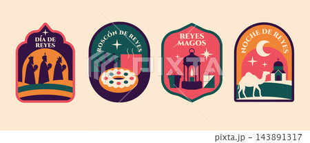 Three Kings Day stickers set with Reyes Magos, roscon, lantern and camel in geometric flat style. Spanish Epiphany Christmas badges, emblems and labels with Dia de Reyes lettering, editable vector. Three Kings Day stickers set with Reyes Magos, roscon, lantern and camel in geometric flat style. Spanish Epiphany Christmas badges, emblems and labels with Dia de Reyes lettering, editable vector. 143891317
