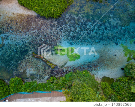 Blue Eye Albanias turquoise spring runs across pebbled bed beneath dense green foliage. From above, clear water, aquatic growth and wooden riverside walkway form vivid landscape, showing turquoise Blue Eye Albanias turquoise spring runs across pebbled bed beneath dense green foliage. From above, clear water, aquatic growth and wooden riverside walkway form vivid landscape, showing turquoise 143892569