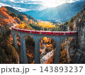 Aerial view of red train on Landwasser viaduct in autumn in Alps 143893237