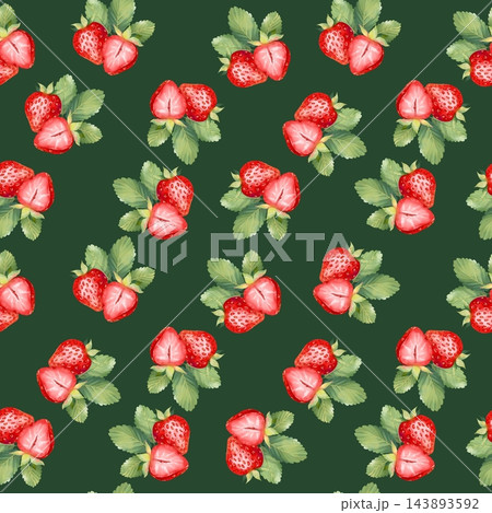 Strawberry Illustration Seamless Pattern on Dark Green Background Strawberry Illustration Seamless Pattern on Dark Green Background 143893592