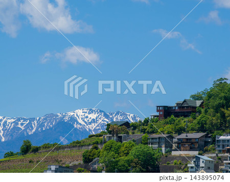 残雪白く輝く越後三山山並み 残雪白く輝く越後三山山並み 143895074